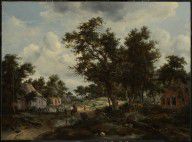 Meindert Hobbema (Dutch A Wooded Landscape with Travelers on a Path through a Hamlet 