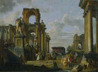 Giovanni Paolo Panini An Architectural Capriccio of the Roman Forum with Philosophers 