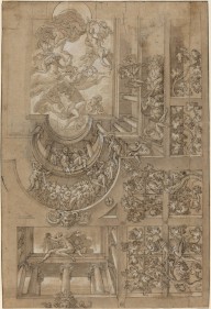 Illusionistic Ceiling with a Grape Arbor, Figures Poised on Galleries, and a Central Scene of Olympi