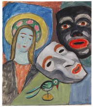 Gabriele M�nter-Madonna mit gr�nem Vogel und zwei Masken. Um 1943.