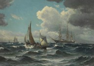 Vilhelm Bille-Fischerboot und Dampfsegler auf bewegter See. Um 1880.