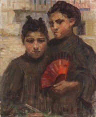 Gertraud Rostosky-Portr�t zweier M�dchen mit kirschrotem F�cher.  Wohl um 1910.