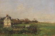 Jean-Baptiste Antoine Guillemet-Landschaft mit Fachwerkhaus und B�uerin.  Wohl um 1890.