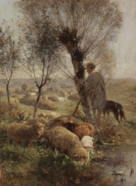 Heinrich von Z�gel-Sch�fer mit Hund und Herde unter Weidenb�umen am Wasser.  Wohl 1890 s.