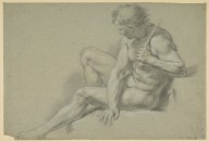 125401------Academic Drawing of a Seated Nude Man with a Staff in his Left Hand_Allan Ramsay