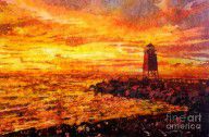 10733862_Watercolor_Batik_Of_Charlevoix_Lighthouse_At_Sunset