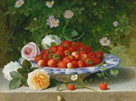 10196426_Strawberries_In_A_Blue_And_White_Buckelteller_With_Roses_And_Sweet_Briar_On_A_Ledge