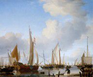 Willem_van_de_Velde_the_Younger-ZYMID_Calm-_A_States_Yacht_under_Sail_close_to_the_Shore_with_many_o